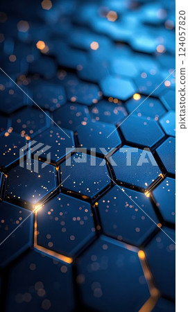 Intricate hexagonal pattern with shimmering details in a deep blue tone, capturing modern design elements and technological aesthetics Intricate hexagonal pattern with shimmering details in a deep blue tone, capturing modern design elements and technological aesthetics 124057820