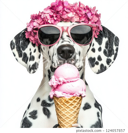 Dalmatian dog enjoying ice cream in sunny park while wearing sunglasses and a floral headband Dalmatian dog enjoying ice cream in sunny park while wearing sunglasses and a floral headband 124057857