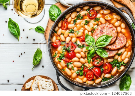 Savory bean and tomato stew served with fresh basil and white wine on a wooden table 124057863