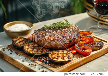 Deliciously grilled steak with vegetables and herbs served on a wooden board in a warm outdoor setting 124057868
