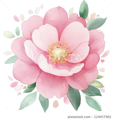 Beautiful pink peony blooming with delicate petals and green leaves in soft watercolor style 124057902