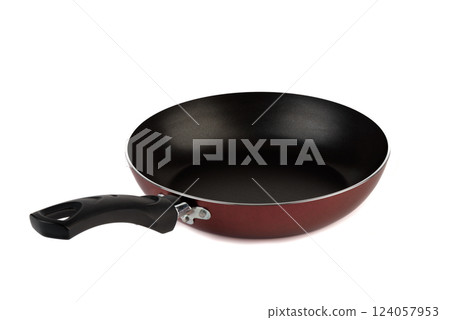 Modern new frying pan with black handle on white background. 124057953
