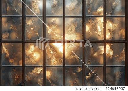 Golden light filters through intricately patterned glass, casting a warm glow on a tranquil evening in a cozy setting. Generative AI Golden light filters through intricately patterned glass, casting a warm glow on a tranquil evening in a cozy setting. Generative AI 124057967