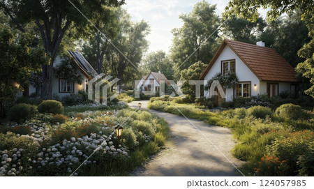 Tranquil morning in a charming village surrounded by lush greenery and blooming gardens. Generative AI Tranquil morning in a charming village surrounded by lush greenery and blooming gardens. Generative AI 124057985