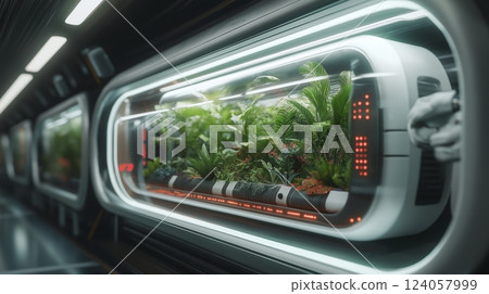 Futuristic greenhouse teeming with vibrant plants in a sleek spacecraft corridor during an interstellar journey. Generative AI Futuristic greenhouse teeming with vibrant plants in a sleek spacecraft corridor during an interstellar journey. Generative AI 124057999