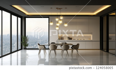 Elegant and modern dining area with stunning city views at dusk, showcasing minimalist design and atmospheric lighting. Generative AI Elegant and modern dining area with stunning city views at dusk, showcasing minimalist design and atmospheric lighting. Generative AI 124058005