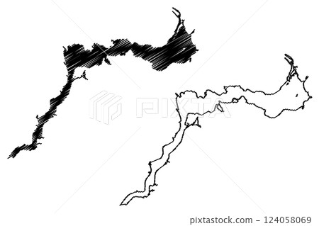 Kakhovka Reservoir (Ukraine, Dnieper River) map vector illustration, scribble sketch Kakhovske vodoskhovyshche map Kakhovka Reservoir (Ukraine, Dnieper River) map vector illustration, scribble sketch Kakhovske vodoskhovyshche map 124058069