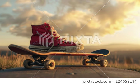 Red Shoe on Skateboard in a Scenic Outdoor Landscape Red Shoe on Skateboard in a Scenic Outdoor Landscape 124058184
