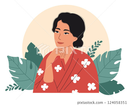 Elegant Pretty Asian Woman with almond-shaped eyes in Kimono with leaves. Female Stylish Ethnicity Portrait. Traditional Asian beauty. Vector Illustration 124058351