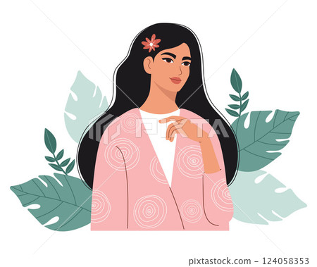 Beautiful Young Girl with Long Hair in Pink. Female Portrait with tropical leaves. Vector illustration. Cute Modern Character Beautiful Young Girl with Long Hair in Pink. Female Portrait with tropical leaves. Vector illustration. Cute Modern Character 124058353