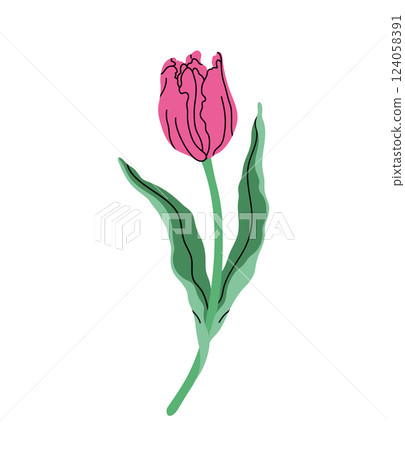 Stylized pink tulip illustration. Wavy green leaves in modern minimalist design. Botanical artwork for wall art, invitation, greeting card, floral branding. Vector illustration in flat elegant style. 124058391