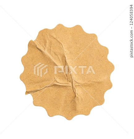 Recycled crumpled sticker paper cardboard price tag sticker with copy space, featuring a cutout transparent background for easy integration into designs Recycled crumpled sticker paper cardboard price tag sticker with copy space, featuring a cutout transparent background for easy integration into designs 124058394