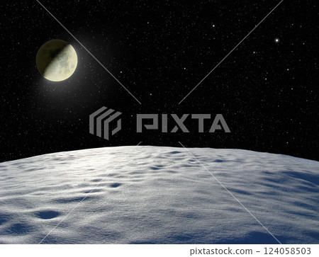 Moon shining over uninhabited violet planet 124058503