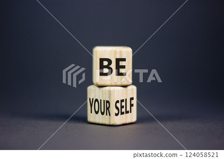 Motivational be yourself symbol. Concept words Be yourself on beautiful wooden block. Beautiful grey table grey background. Business motivational be yourself concept. Copy space. 124058521