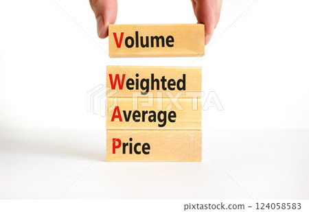 Volume Weighted Average Price symbol. Concept word VWAP Volume Weighted Average Price on blocks. Beautiful white background. Business motivational VWAP Volume Weighted Average Price concept Copy space 124058583