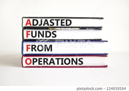 AFFO symbol. Concept word AFFO Adjusted Funds From Operations on beautiful books. Beautiful white background. Business AFFO Adjusted Funds From Operations concept. Copy space. AFFO symbol. Concept word AFFO Adjusted Funds From Operations on beautiful books. Beautiful white background. Business AFFO Adjusted Funds From Operations concept. Copy space. 124058584