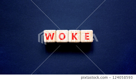 Woke question symbol. Concept word Woke question on beautiful wooden blocks. Beautiful black table black background. Business, lifestyle, support and woke question concept. Copy space. 124058593