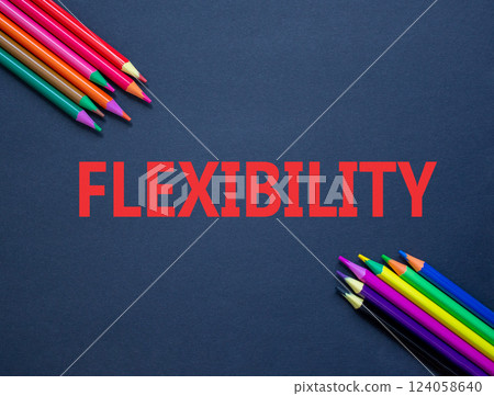 Flexibility symbol. Concept word Flexibility on beautiful black paper. Beautiful black paper background. Colored pencils. Business flexibility concept. Copy space. 124058640