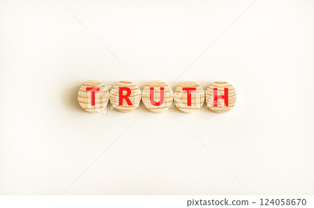 Truth symbol. Concept word Truth on beautiful wooden circles. Beautiful white table white background. Business lifestyle truth concept. Copy space. 124058670