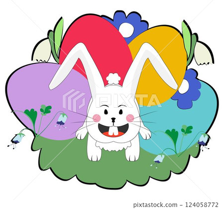Egg pile of colorful eggs with white rabbit character Egg pile of colorful eggs with white rabbit character 124058772