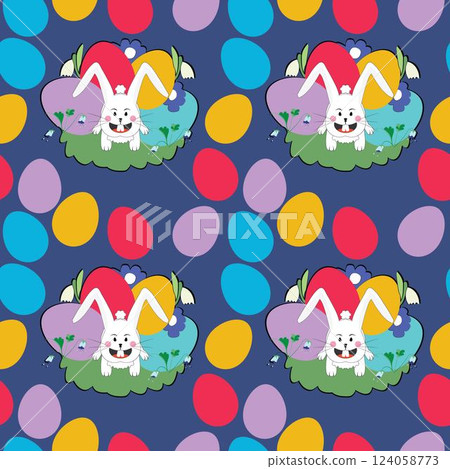 Seamless pattern with egg pile of colorful eggs with white rabbit character Seamless pattern with egg pile of colorful eggs with white rabbit character 124058773