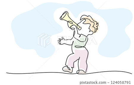 Boy blowing into trumpet. Continuous one line drawing. 124058791
