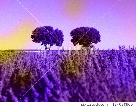 Lavender field in bloom with two trees on horizon. Summer meadow full of purple lilac flowers. Blossoming nature in springtime Cinematic grainy filter Lavender field in bloom with two trees on horizon. Summer meadow full of purple lilac flowers. Blossoming nature in springtime Cinematic grainy filter 124058960