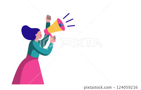 A modern flat-style illustration of a woman with a megaphone, raising her fist in a powerful call to action, with a copy space. Suitable for websites, banners, posters, infographics, social media. 124059216