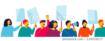 Modern flat-style illustration of a diverse group holding blank signs and a megaphone, symbolizing activism and unity. Ideal for social campaigns, articles, blogs, posters, and educational materials. 124059217