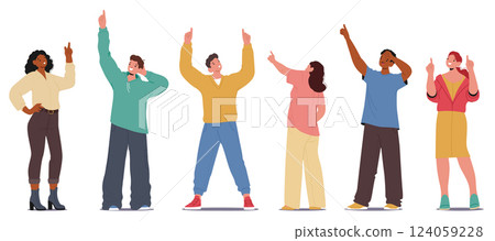 Diverse people cartoon characters pointing upward indicting showcasing something isolated set 124059228
