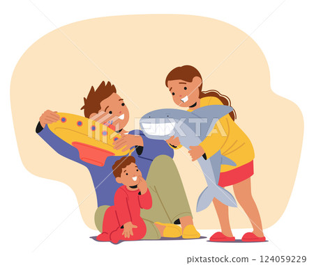Joyful father playing toys with excited kids spending time on weekends cartoon happy family scene 124059229