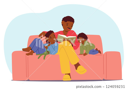 Father reading for children, happy family spending time together enjoying cozy evening at home 124059231