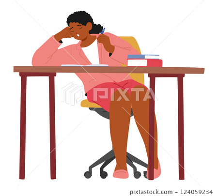 Bored student girl character fighting with procrastination and burnout during studying process 124059234
