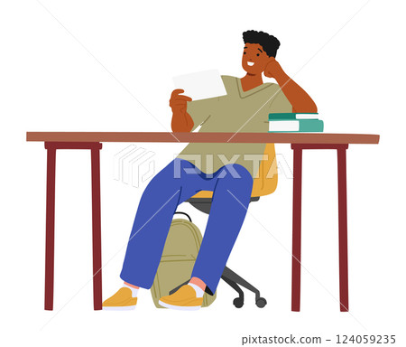 Happy smiling teenage boy student character reading paper memo notes during preparation for exam 124059235