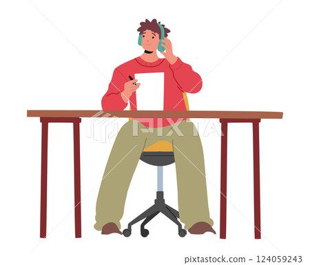 Teenage boy student cartoon character wearing headphones listening tutor studying language Teenage boy student cartoon character wearing headphones listening tutor studying language 124059243