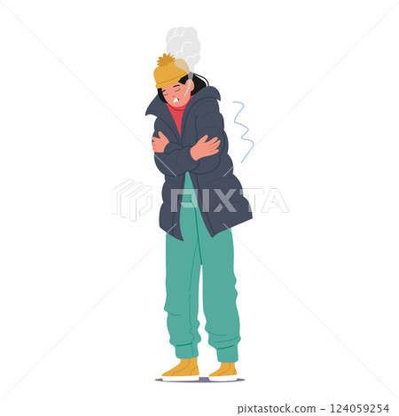 Young woman character dressed in warm clothes shivering body in cold weather isolated on white Young woman character dressed in warm clothes shivering body in cold weather isolated on white 124059254