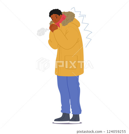 Man cartoon character shivering body blowing into frozen hands trying to warm up isolated on white 124059255