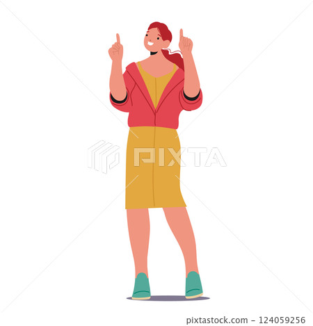 Happy stylish female teen cartoon character pointing two fingers upward isolated on white background Happy stylish female teen cartoon character pointing two fingers upward isolated on white background 124059256