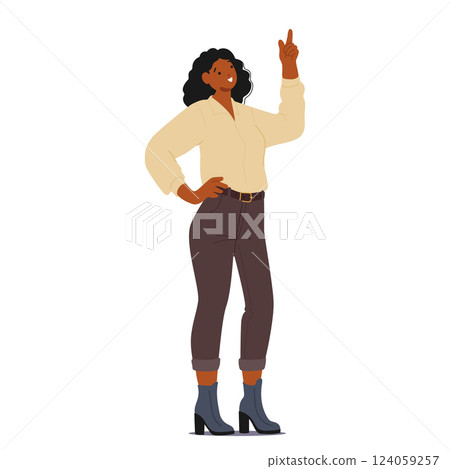 Trendy fashion stylish young woman cartoon character pointing finger upward drawing attention Trendy fashion stylish young woman cartoon character pointing finger upward drawing attention 124059257