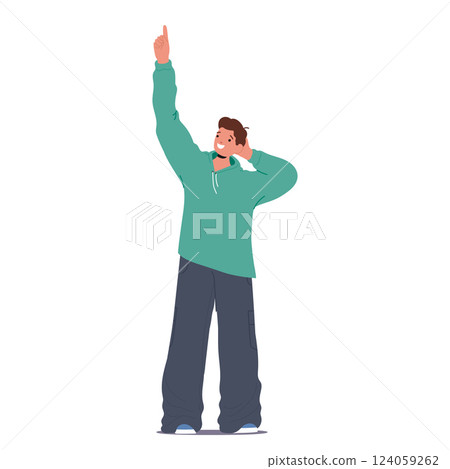 Enthusiastic teenage boy stylish cartoon character pointing index finger upward isolated on white 124059262