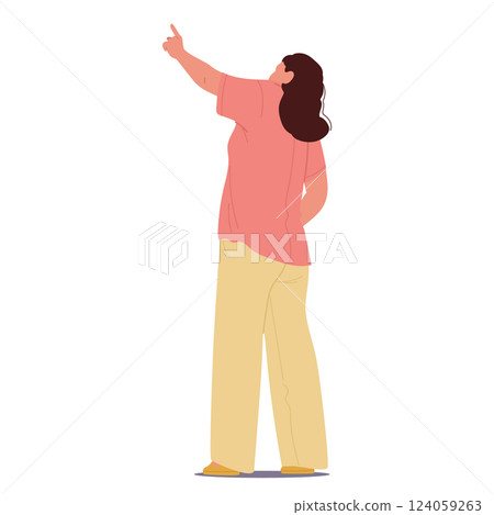 Adult woman cartoon character standing back and pointing left hand upward isolated on white 124059263