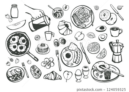 Set of various hand drawn simple breakfast meals sketches 124059325