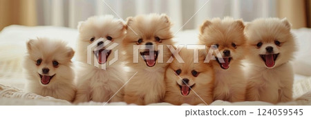 funny little Pomeranian puppies sitting in a row, light color, white background, horizontal banner, World Pet Day 124059545