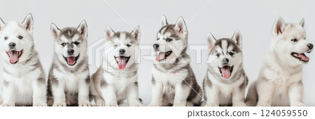 funny little husky puppies sitting in a row, white black gray color, light background, horizontal banner, World Pet Day 124059550