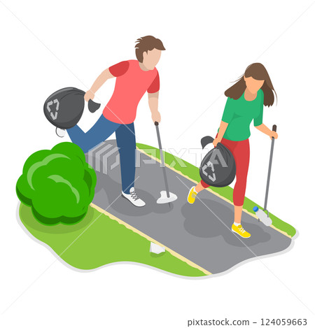3D Isometric Flat Vector Illustration of Plogging Challenge, Volunteers at Eco Activity. Item 3 124059663