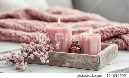 Elegant cosmetic display with mirror, perfume and babys breath flowers in white, ivory and silver colors 124059705