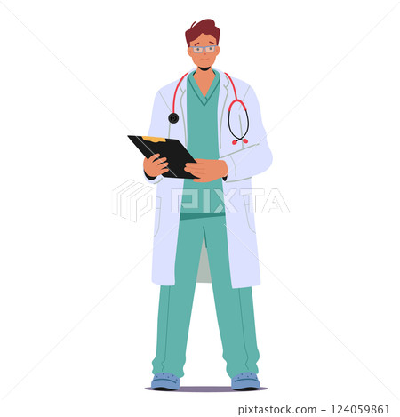 Man doctor cartoon character wearing lab coat and uniform holding clipboard isolated on white 124059861