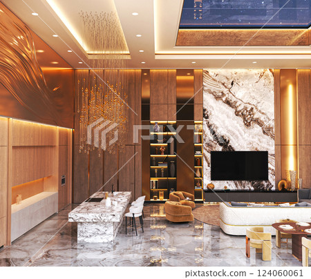 Luxury modern living room with marble kitchen and chandelier Luxury modern living room with marble kitchen and chandelier 124060061