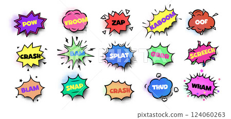 Comics speech bubbles, sound effects with dynamic typography for pop art, comics, cartoons, action scenes. Retro comic book design. Vector illustration 124060263