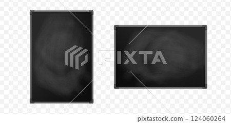 Black chalkboards with metal frames, vertical and horizontal. Ideal for education, office presentations, business signage. Classic school and business display. Vector illustration Black chalkboards with metal frames, vertical and horizontal. Ideal for education, office presentations, business signage. Classic school and business display. Vector illustration 124060264